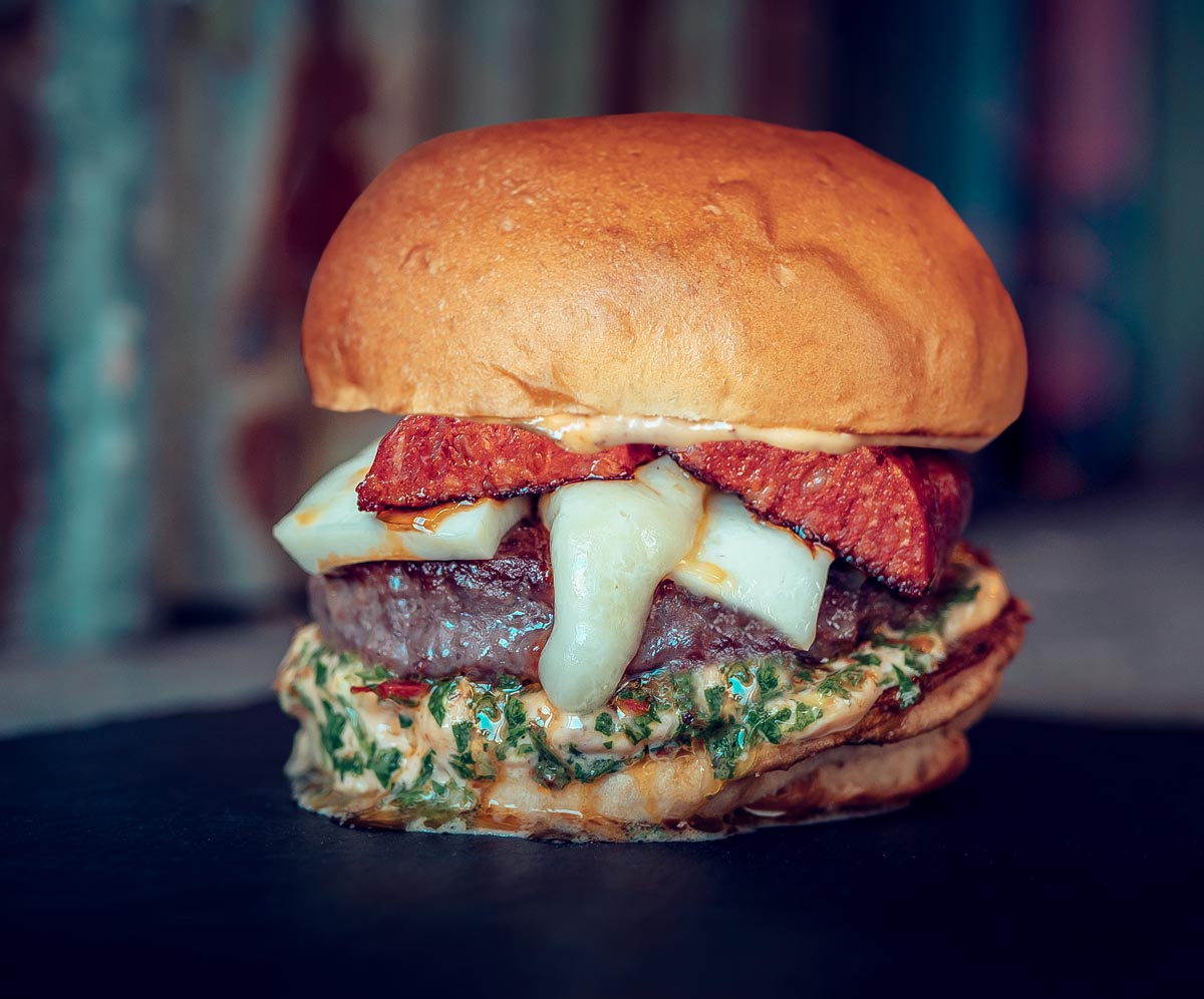Brioche Bun filled with Beef Burger, Melting Cheese and Chorizo
